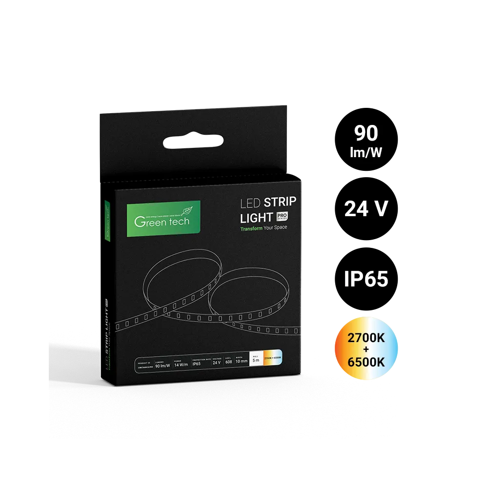 GREEN TECH LED strip Green Tech COBCTA 608 LED, 10 mm, 14 W/m, 2700K+6500K, DC 24V, IP65 - COBCTA60824IP65