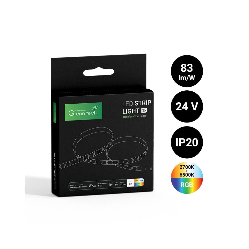GREEN TECH LED strip Green Tech COBCTA 840 LED, 12 mm, 18 W/m, RGB+2700K+6500K, DC 24V, IP2 - COBRGBCTA84024