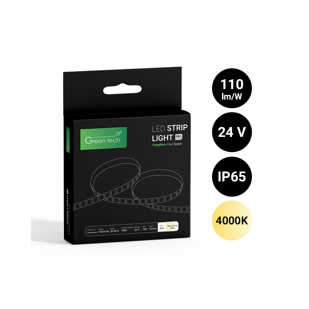 GREEN TECH LED strip Green Tech 196 LED, 15 mm, 20 W/m, 4000K, DC 24V, IP20, 5m/piece - S196244000IP65