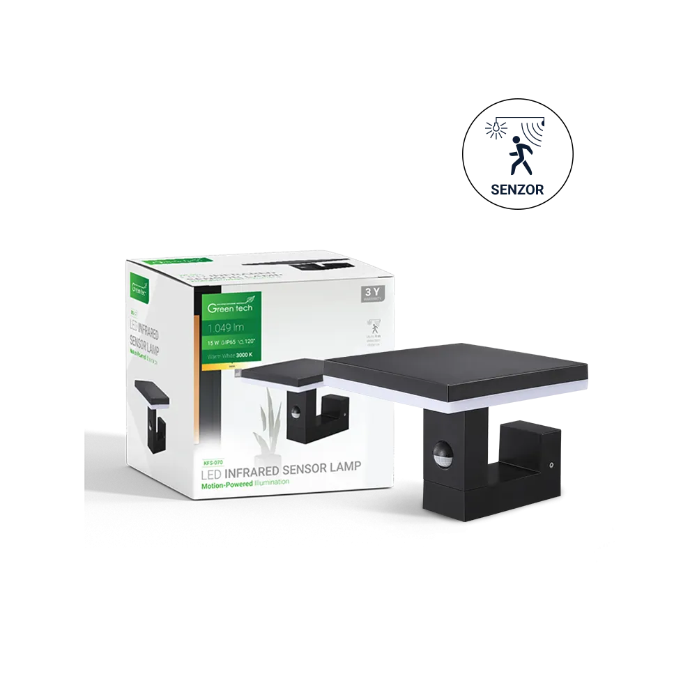 GREEN TECH LED zidna svetilka s senzorjem Green Tech, 15W, 3000K, črna barva - KFS-070