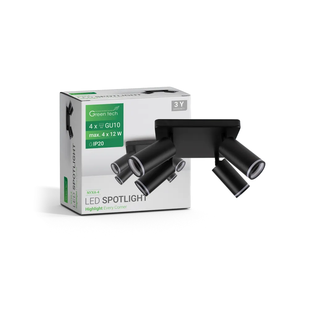 GREEN TECH LED reflektor Green Tech, GU10 X 4 kosi, črna barva - NYXA-4