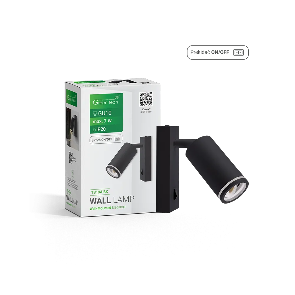 GREEN TECH Zidna svjetiljka Green Tech, grlo GU10, IP20, črna barva - TS194-BK