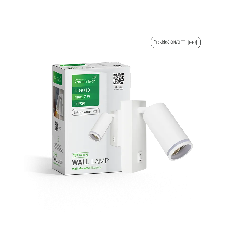 GREEN TECH Zidna svetilka Green Tech, GU10 vtičnica, IP20, bela barva - TS194-WH