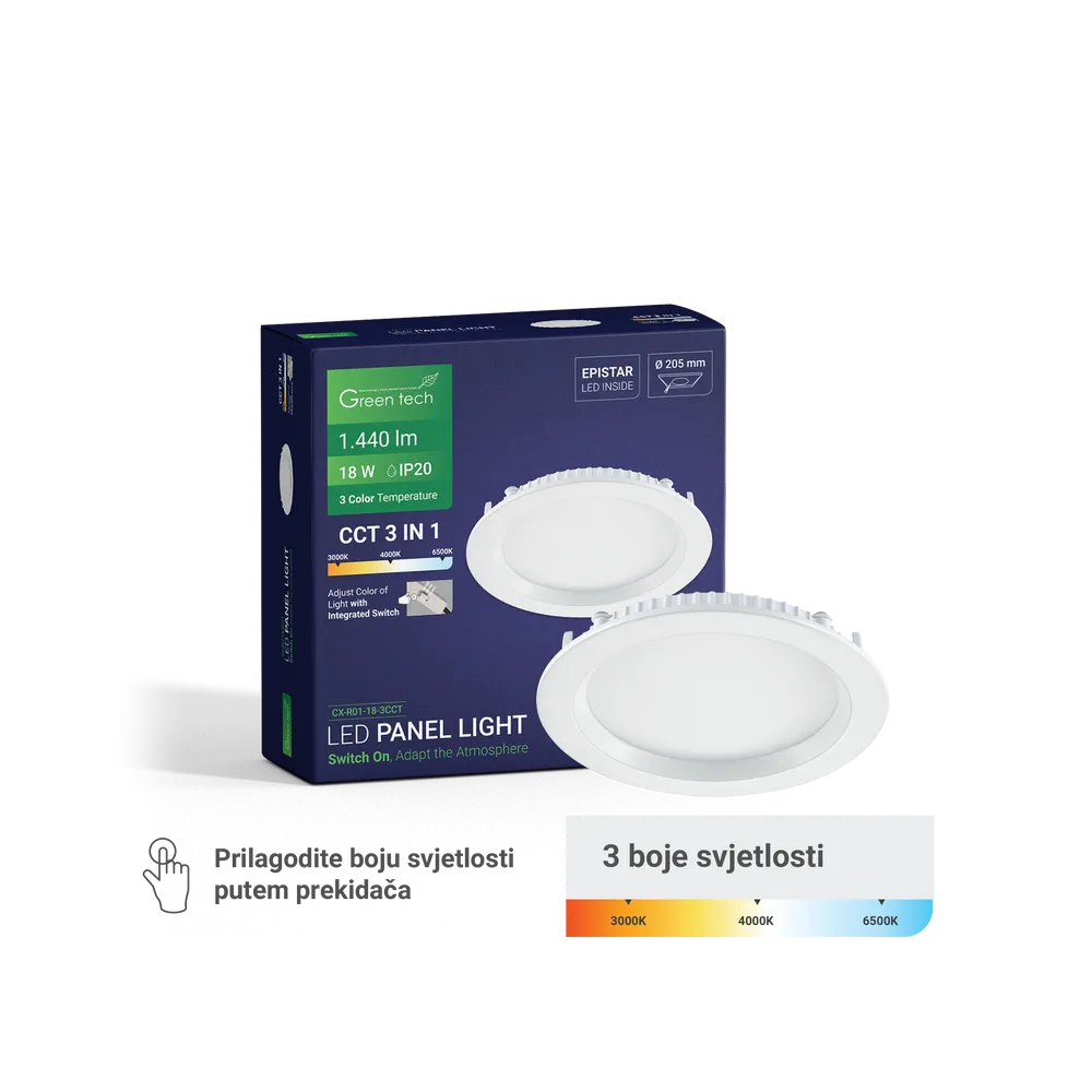 GREEN TECH LED panel Green Tech 18W, 3CCT, vgrajen, okrogel - CX-R01-18-3CCT