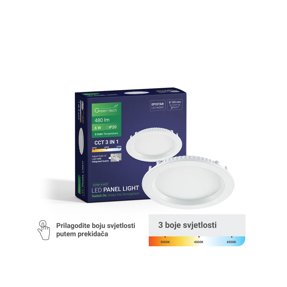 GREEN TECH LED panel Green Tech 6W, 3CCT, recessed, round - CX-R01-6-3CCT