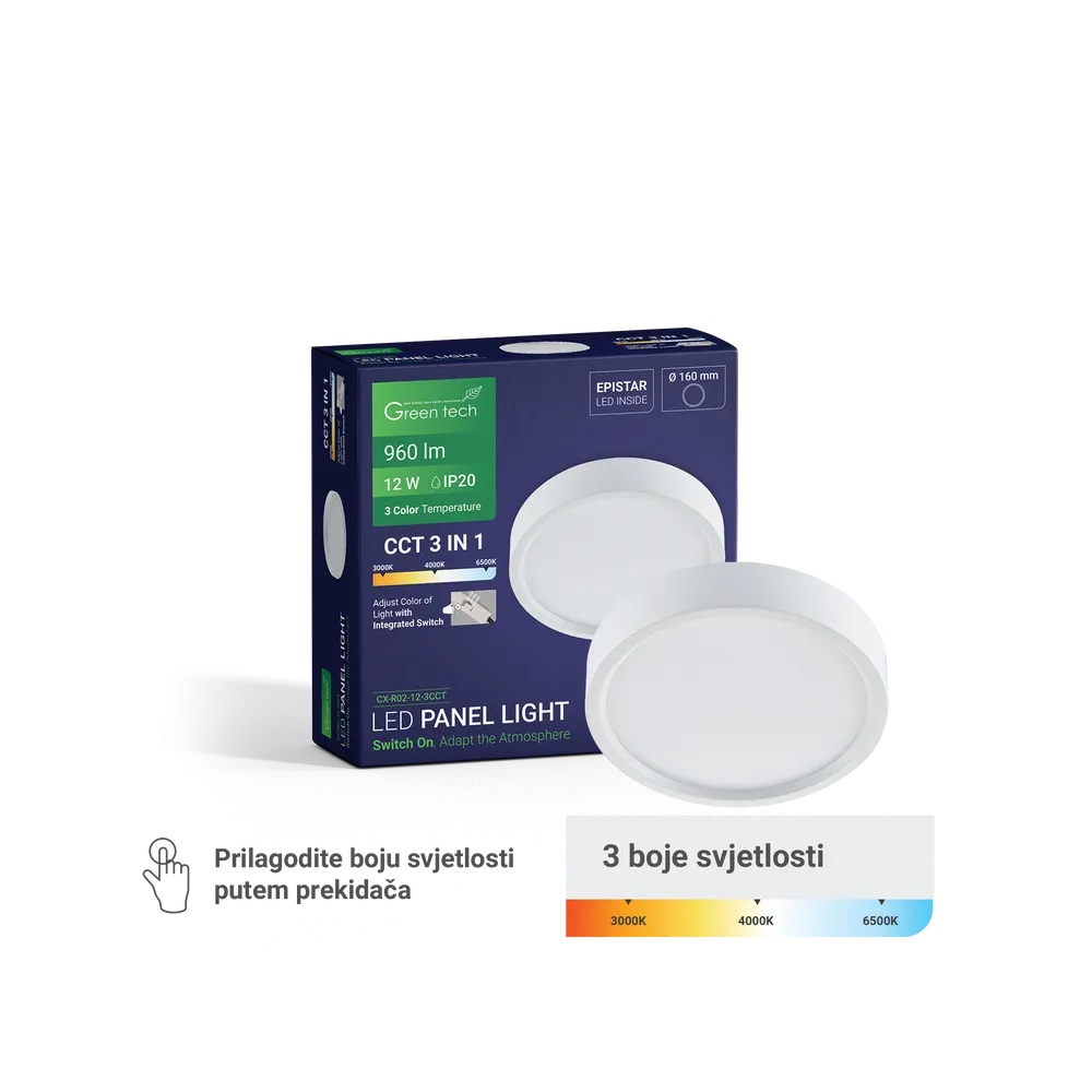 GREEN TECH LED panel Green Tech 12W, 3CCT, nadgradni, okrogli - CX-R02-12-3CCT