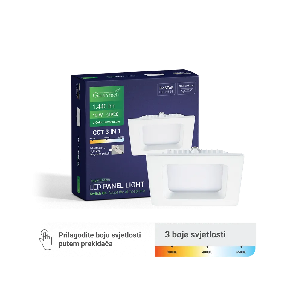 Zeleni TEHNOLOGIJA LED panel Zeleni Tehnologija 18W, 3CCT, vgrajen, kvadratni - CX-S01-18-3CCT