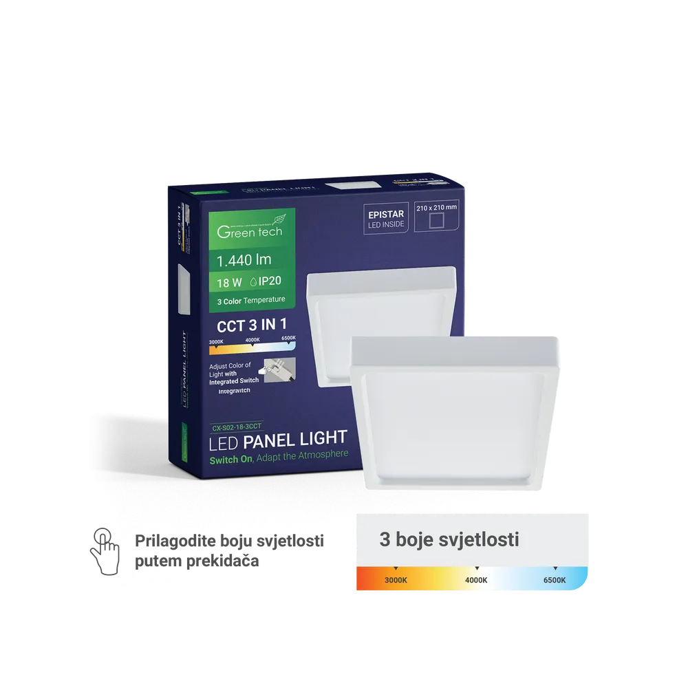 Zeleni TEHNOLOGIJA LED panel Zeleni Tehnika 18W, 3CCT, nadgradni, kvadratni - CX-S02-18-3CCT
