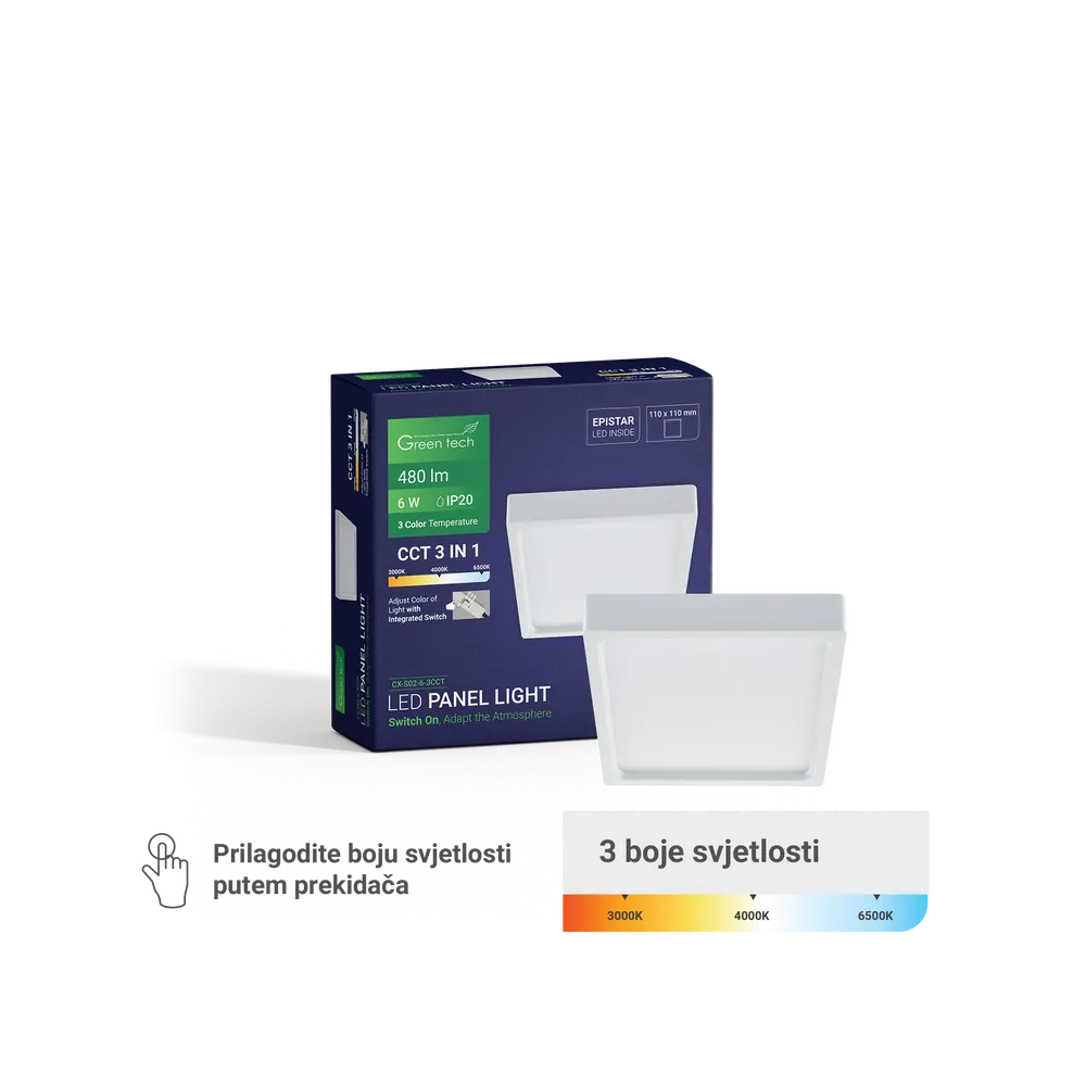 GREEN TECH LED panel Green Tech 6W, 3CCT, nadgradni, kvadratni - CX-S02-6-3CCT