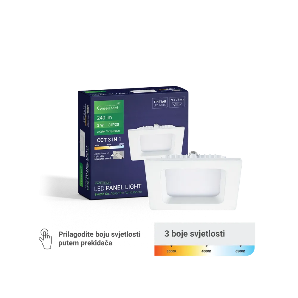 GREEN TECH LED panel Green Tech 3W, 3CCT, vgradni, kvadratni - CX-S01-3-3CCT