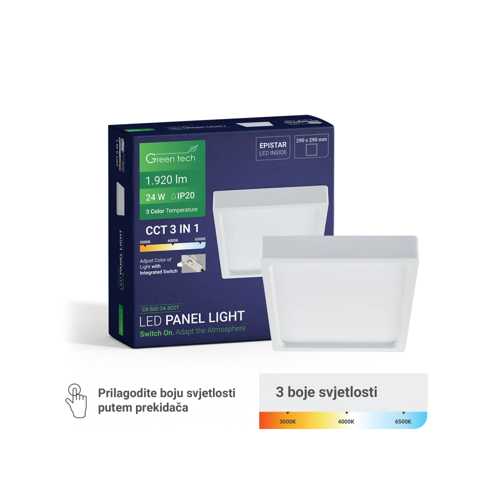 GREEN TECH LED panel Green Tech 24W, 3CCT, nadgradni, kvadratni - CX-S02-24-3CCT