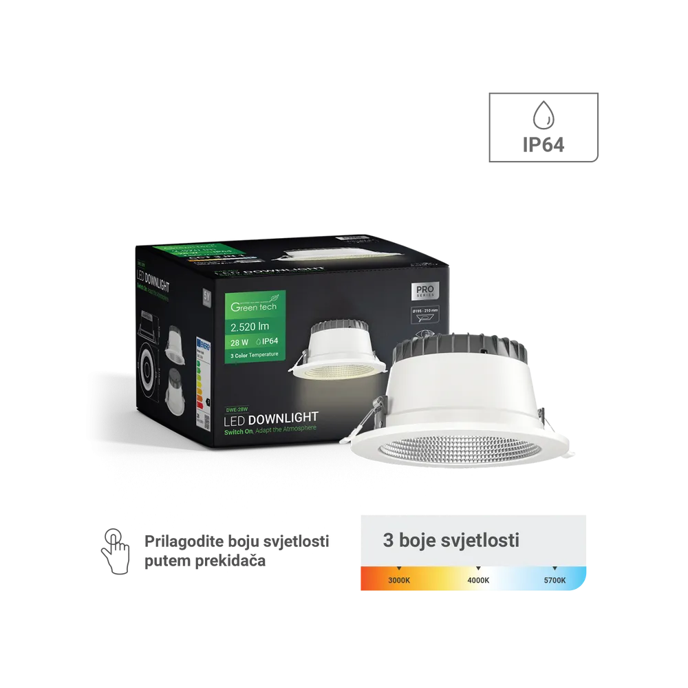 GREEN TECH LED downlight Green Tech 28W, 3CCT, diameter 195-210 mm - DWE-28W