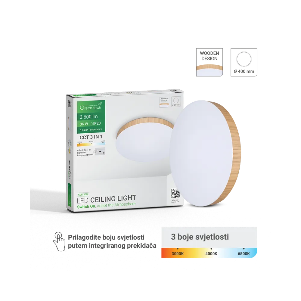 GREEN TECH LED stropna svetilka Green Tech 36W, 3CCT, 40 cm, leseni okvir - CLE-36W