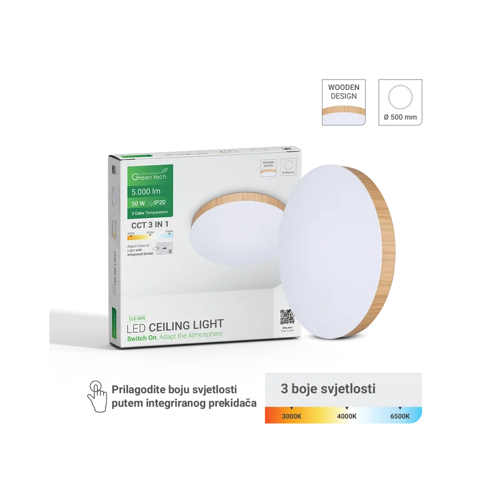 GREEN TECH LED stropna svetilka Green Tech 50W, 3CCT, 50 cm, leseni okvir - CLE-50W
