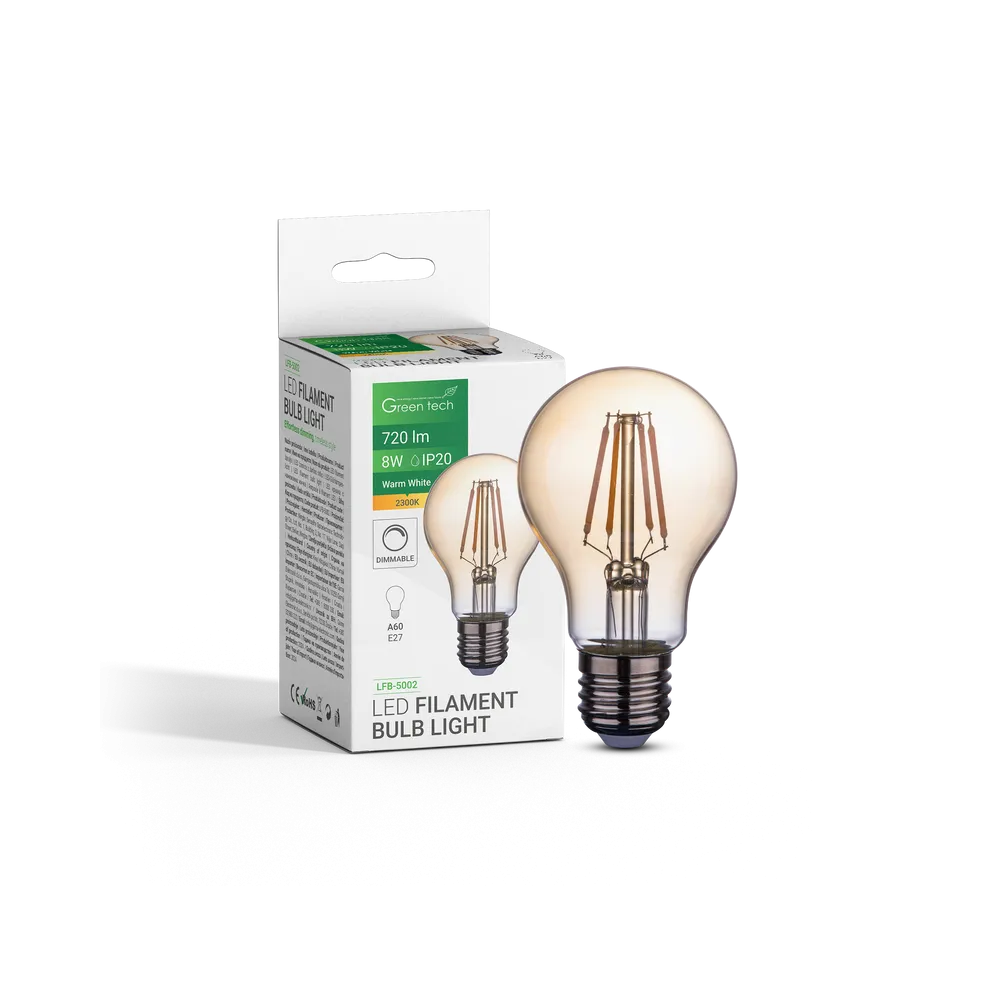 GREEN TECH LED filament bulb Green Tech 8W, 2300K, E27, AC220V, A60, amber, dimmable - LFB-5002