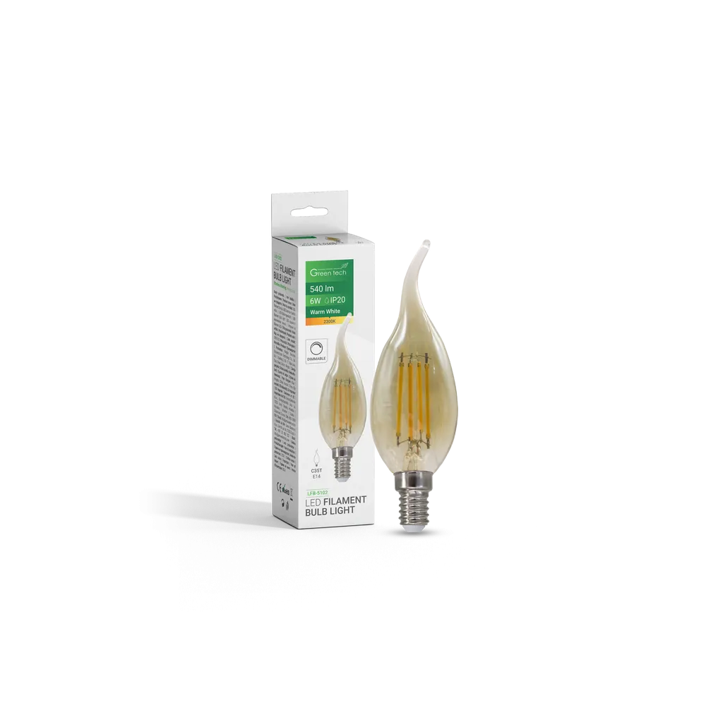 GREEN TECH LED filamentska žarnica Green Tech 6W, 2300K, E14, AC220V, C35T, jantarna, nastavljiva - LFB-5102