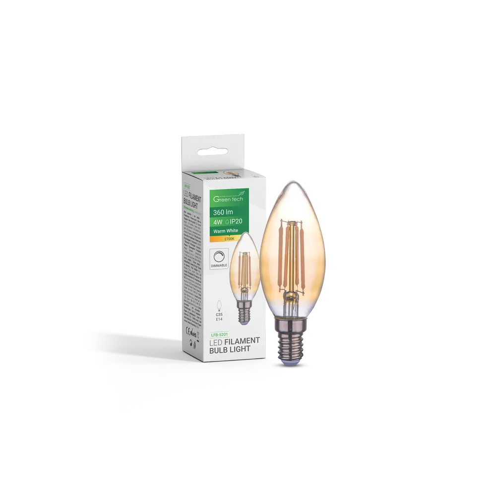 GREEN TECH LED filamentska žarnica Green Tech 4W, 2700K, E14, AC220V, C35, jantarna, zatemnjiva - LFB-5201