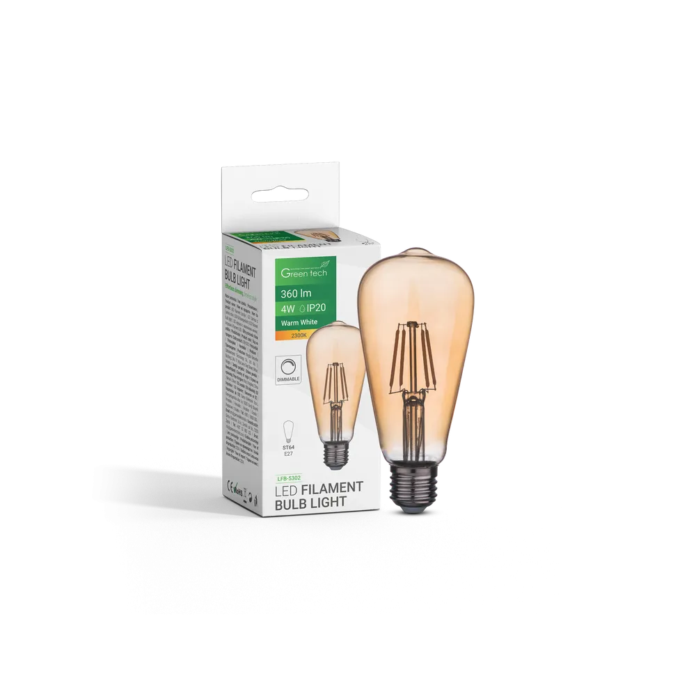 GREEN TECH LED filament bulb Green Tech 4W, 2300K, E27, AC220V, ST64, amber, dimmable - LFB-5302