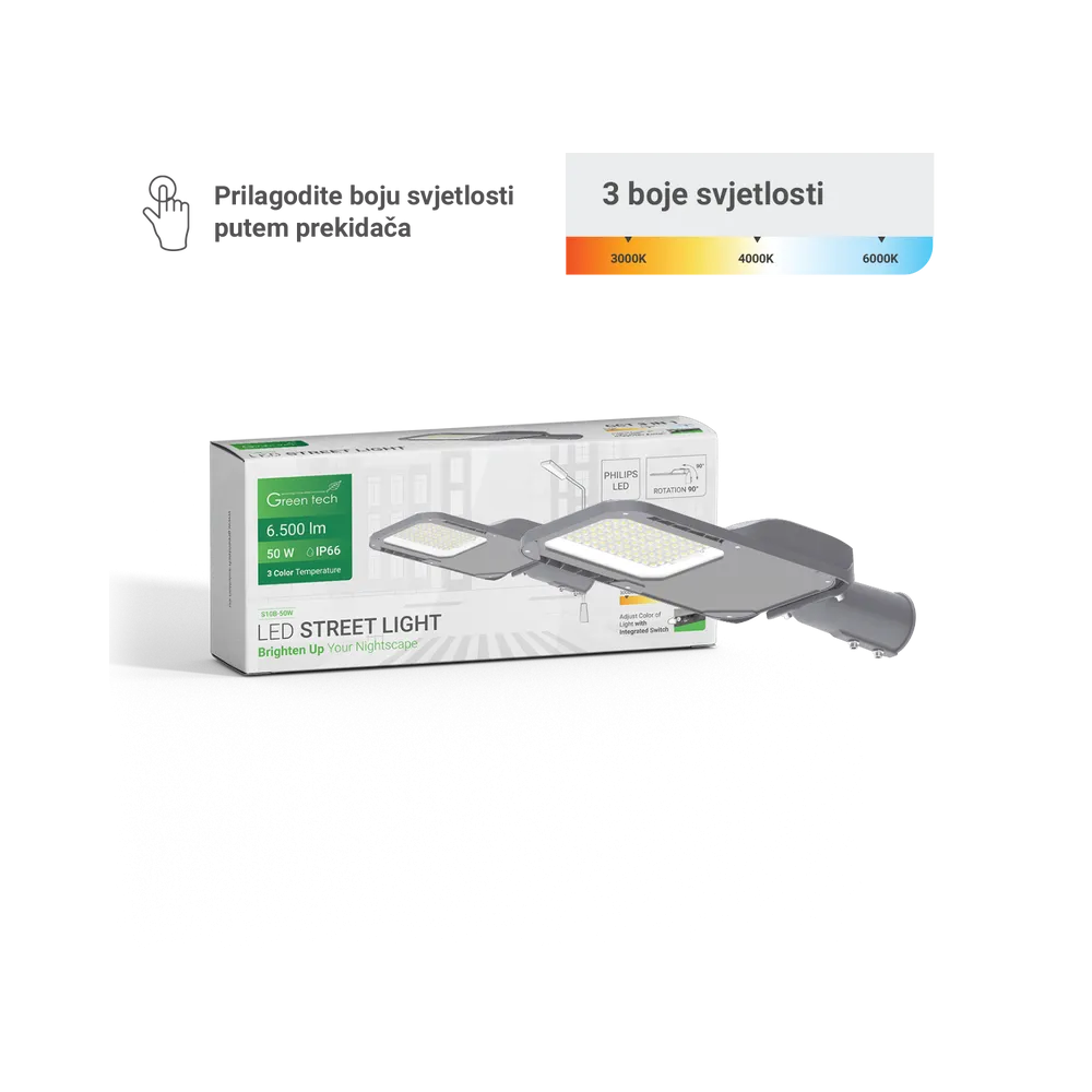 GREEN TECH LED Street Light. Green Tech 50W, 6500lm, Philips LED, 3 CCT 3000K-4000K-6000K - S10B-50W
