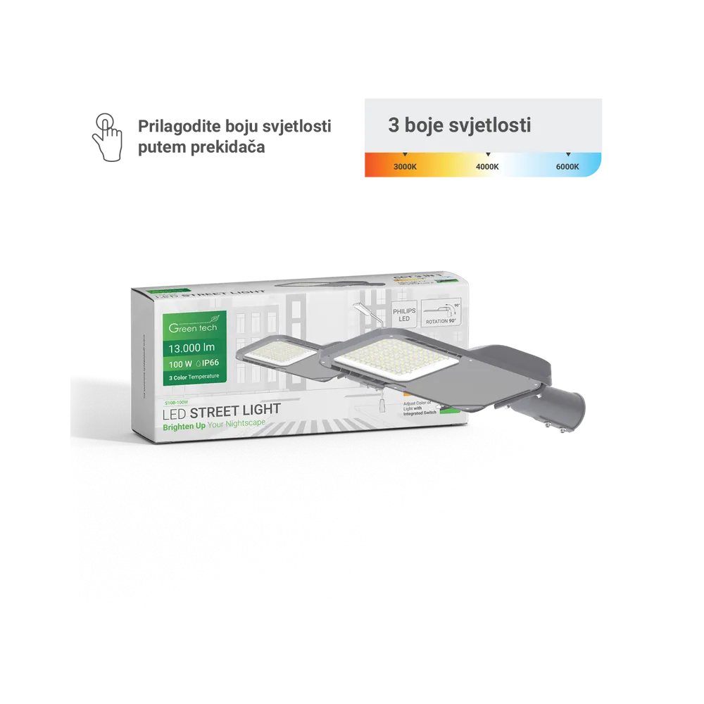 GREEN TECH LED ulična svetilka. Green Tech 100W, 13000lm, Philips LED, 3 CCT 3000K-4000K-6000K - S10B-100W