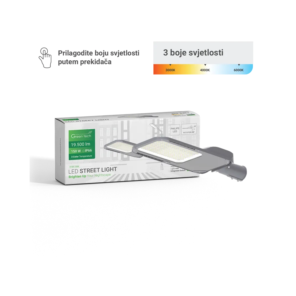 GREEN TECH LED ulična svetilka. Green Tech 150W, 19500lm, Philips LED, 3 CCT 3000K-4000K-6000K - S10B-150W