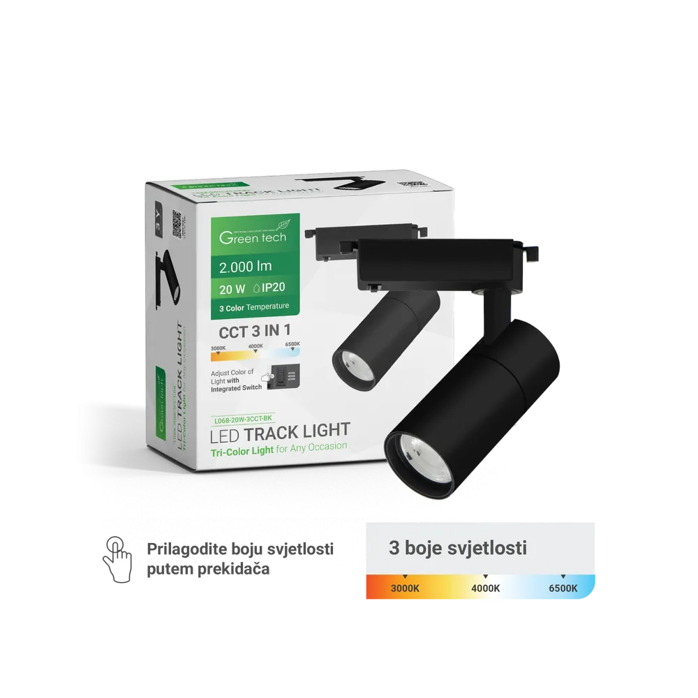 GREEN TECH LED Track Light Green Tech 20W, 3 CCT, black color - L068-20W-3CCT-BK