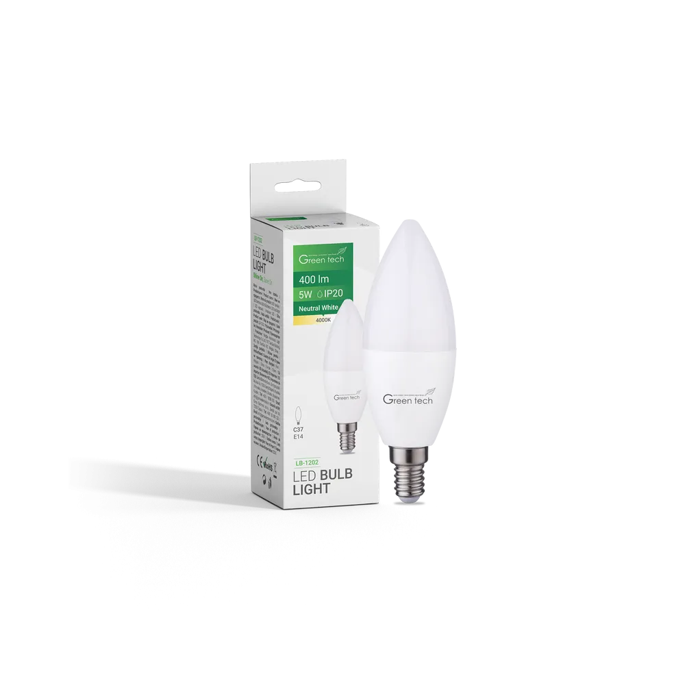 GREEN TECH LED žarnica Green Tech 5W, 4000K, E14, C37, IP20, Sanan čip - LB-1202