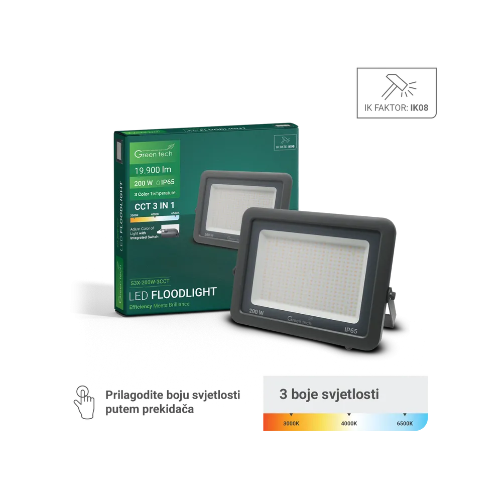GREEN TECH LED floodlight Green Tech, 200W, 3CCT, IP65, aluminum - S3X-200W-3CCT
