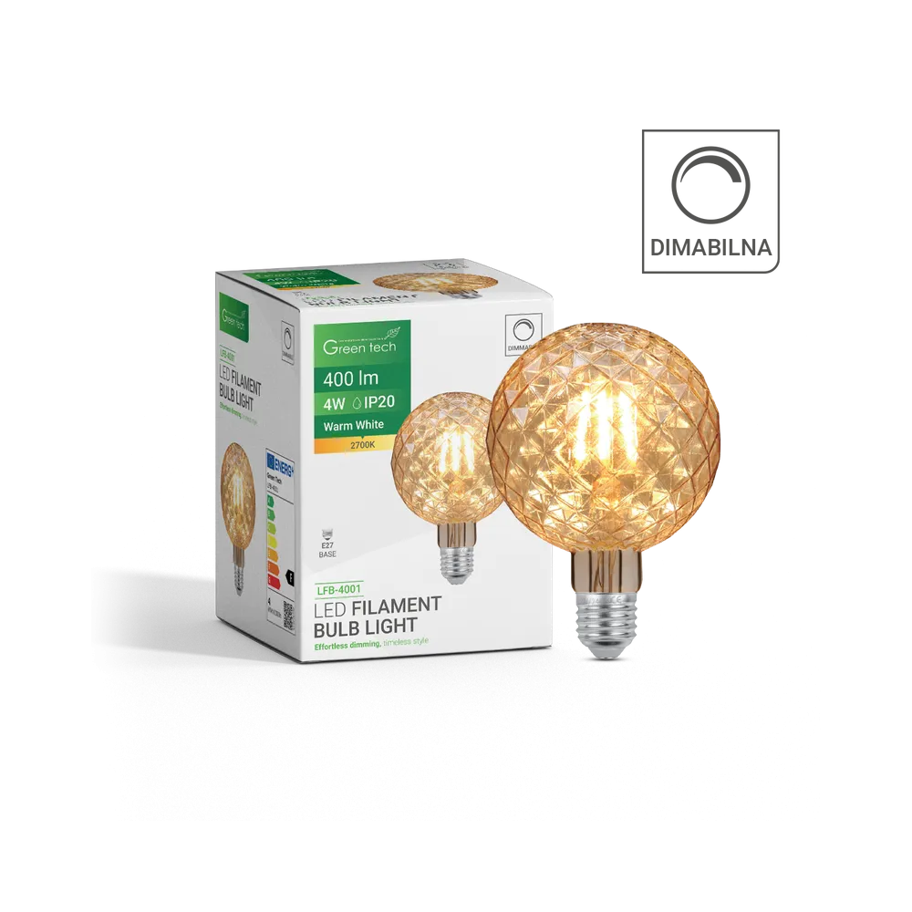 GREEN TECH LED filament žarnica Green Tech 4W, 2700K, E27, AC220V, amber, nastavljiva - LFB-4001