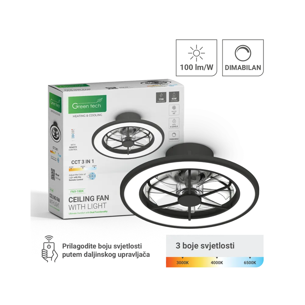 GREEN TECH Stropni ventilator s svetilko Green Tech, 18", 40W, 3CCT, črn - FNX-18BK