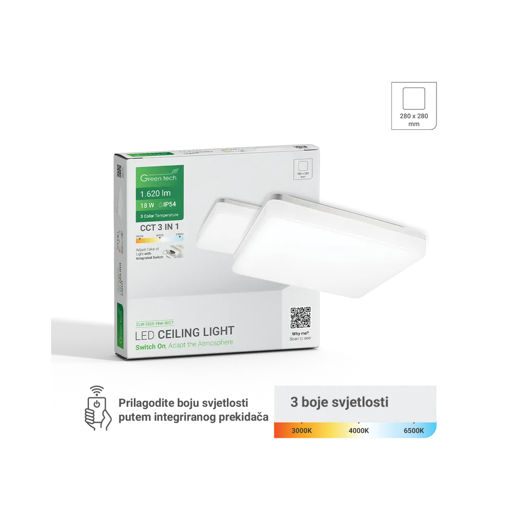 GREEN TECH LED ceiling light Green Tech 18W, 3CCT, 28x28cm, IP54, white - CLW-032S-18W-3CC