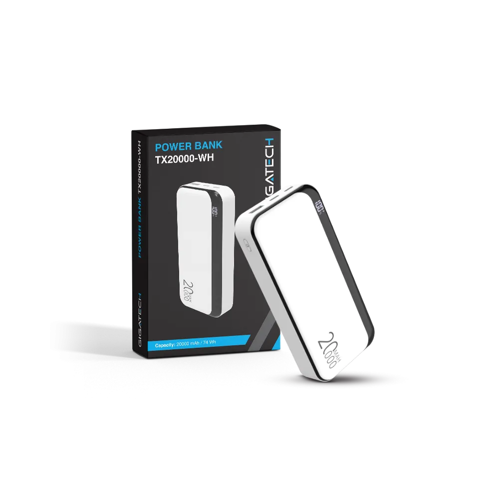 GIGATECH Power Bank Gigatech 20000 mAh, USB and C Outputs, White - TX20000-WH