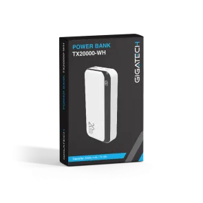 GIGATECH Power Bank Gigatech 20000 mAh, USB and C Outputs, White - TX20000-WH
