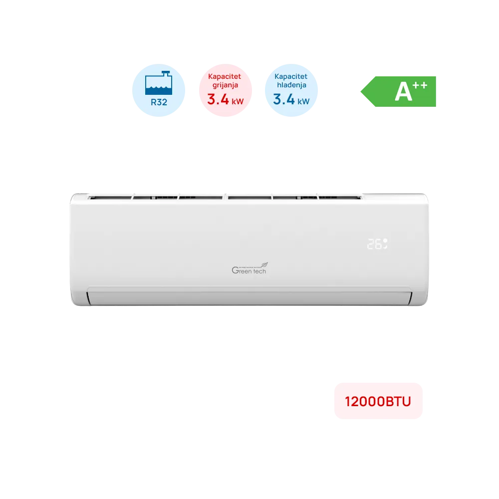 GREEN TECH Klimatska naprava Green Tech 12000BTU, 3.4kW, A++, R32, -22°C ~ 53°C, s grelcem, bela - 12-IND2