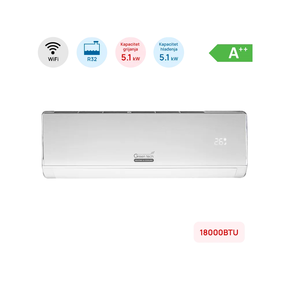 GREEN TECH Air Conditioner Green Tech 18000BTU, 5.1kW, A++, R32, -22°C ~ 53°C, with heater, WiFi, white - 18-IND2-WIFI