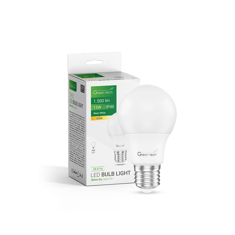 GREEN TECH LED žarnica Green Tech 15W, 3000K, E27, A60, Flux: 1500 lm, IP40, Epistar čip - LB-2116