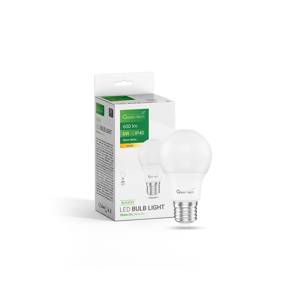 GREEN TECH LED žarnica Green Tech 6W, 3000K, E27, A60, Flux: 600 lm, IP40, Epistar čip - BLX-6107
