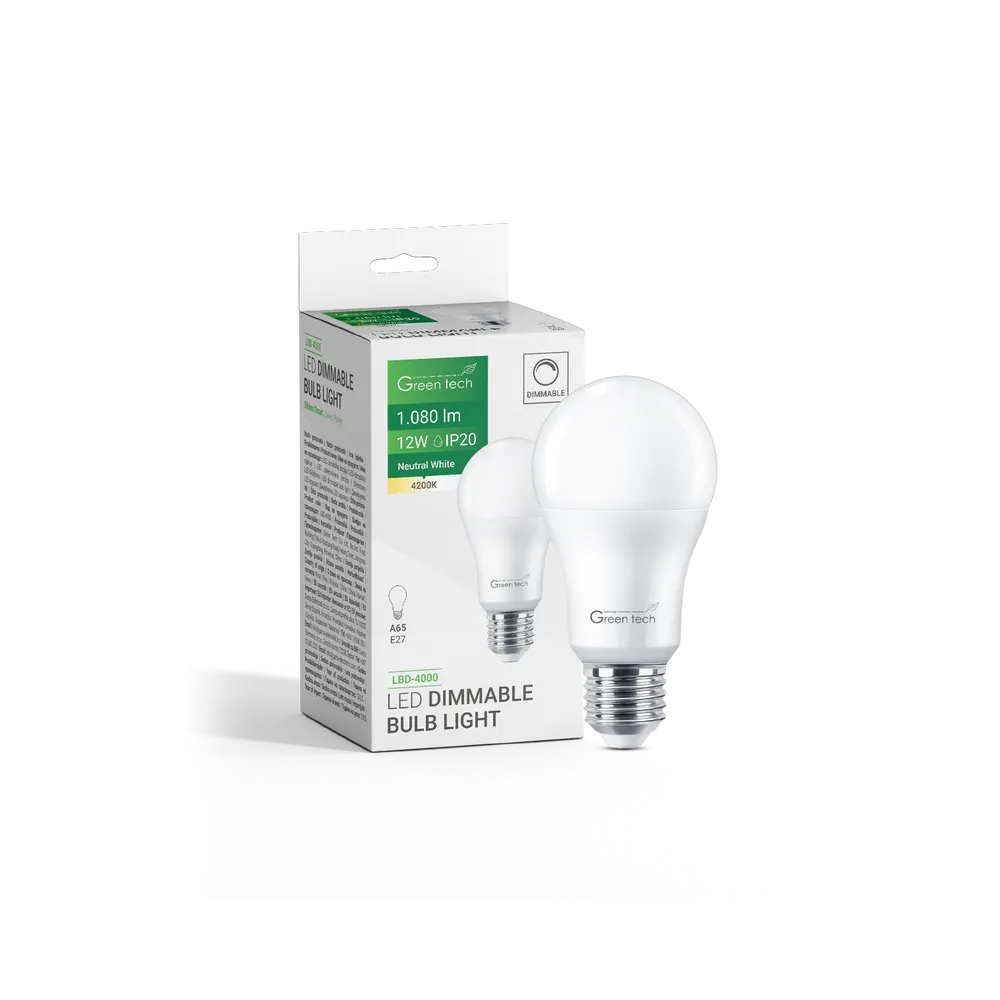 GREEN TECH LED dimmable bulb Green Tech, 12W, 4200K, E27, A65, Flux: 1140 lm, IP20 - LBD-4000