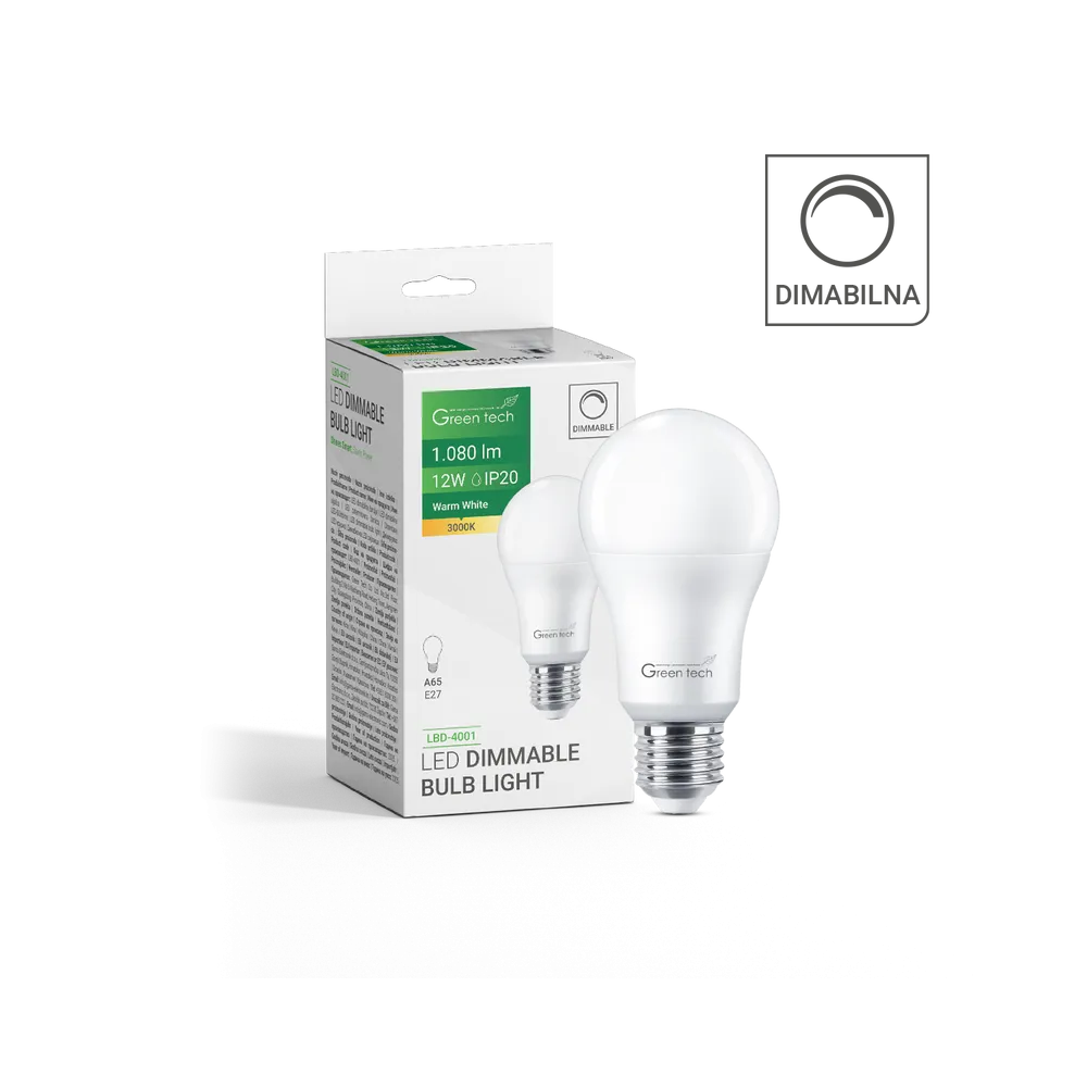 GREEN TECH LED zatemnjiva žarnica Green Tech, 12W, 3000K, E27, A65, Flux: 1140 lm, IP20 - LBD-4001