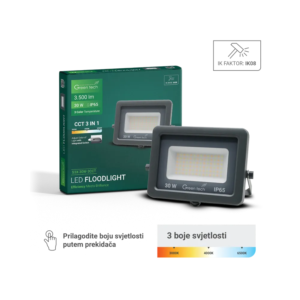 GREEN TECH LED spotlight Green Tech 30W, 3CCT, IP65, aluminum - S3X-30W-3CCT