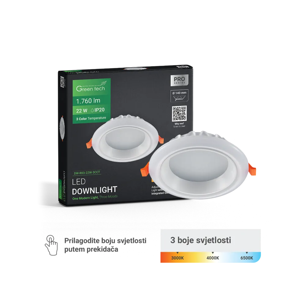 GREEN TECH LED downlight Green Tech 22W, 3 CCT, okrogli - DW-R03-22W-3CCT