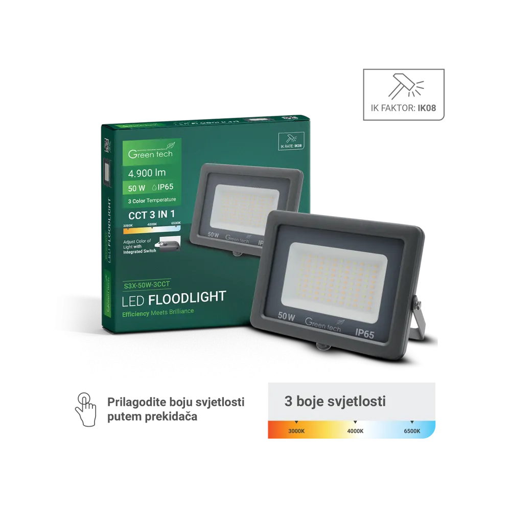 GREEN TECH LED reflektor Green Tech 50W, 3CCT, IP65, aluminij - S3X-50W-3CCT