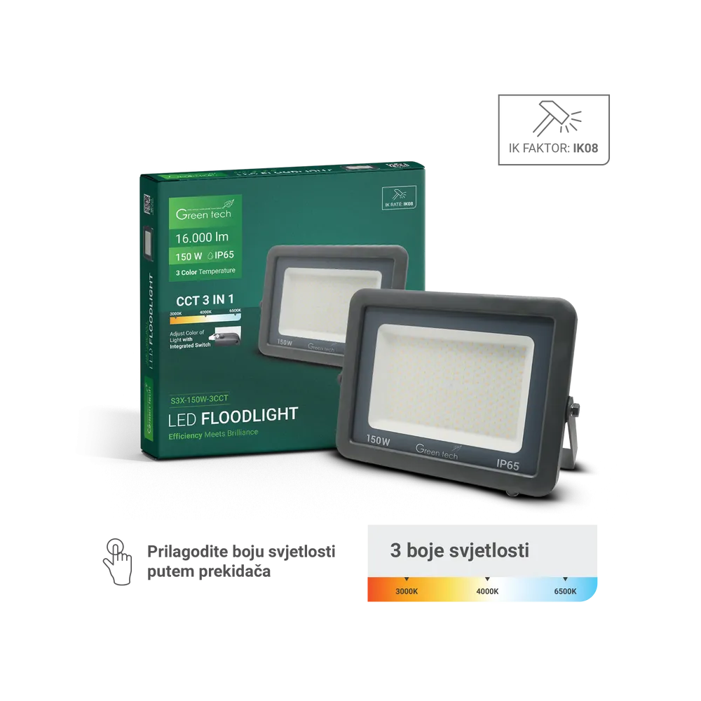GREEN TECH LED floodlight Green Tech 150W, 3CCT, IP65, aluminum - S3X-150W-3CCT