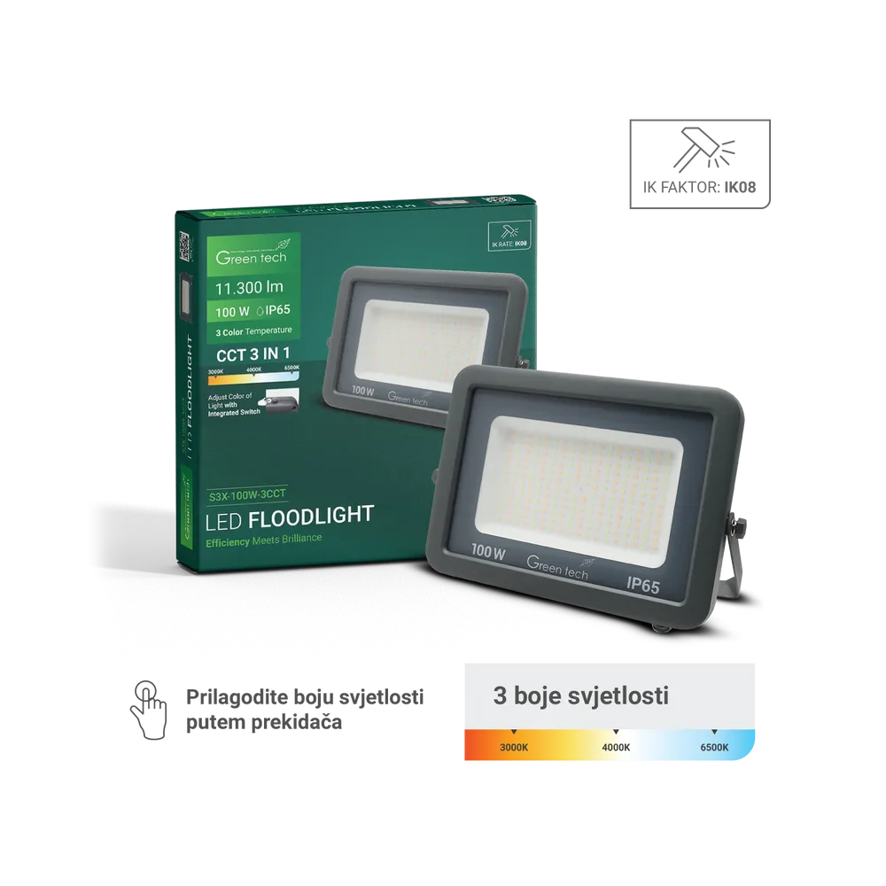GREEN TECH LED reflektor Green Tech 100W, 3CCT, IP65, aluminij - S3X-100W-3CCT