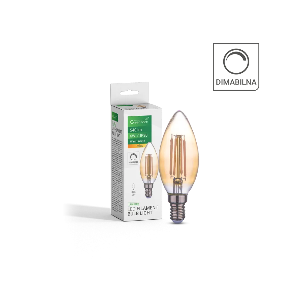 GREEN TECH LED filament bulb Green Tech 6W, 2300K, E14, AC220V, C35, amber, dimmable - LFB-5202