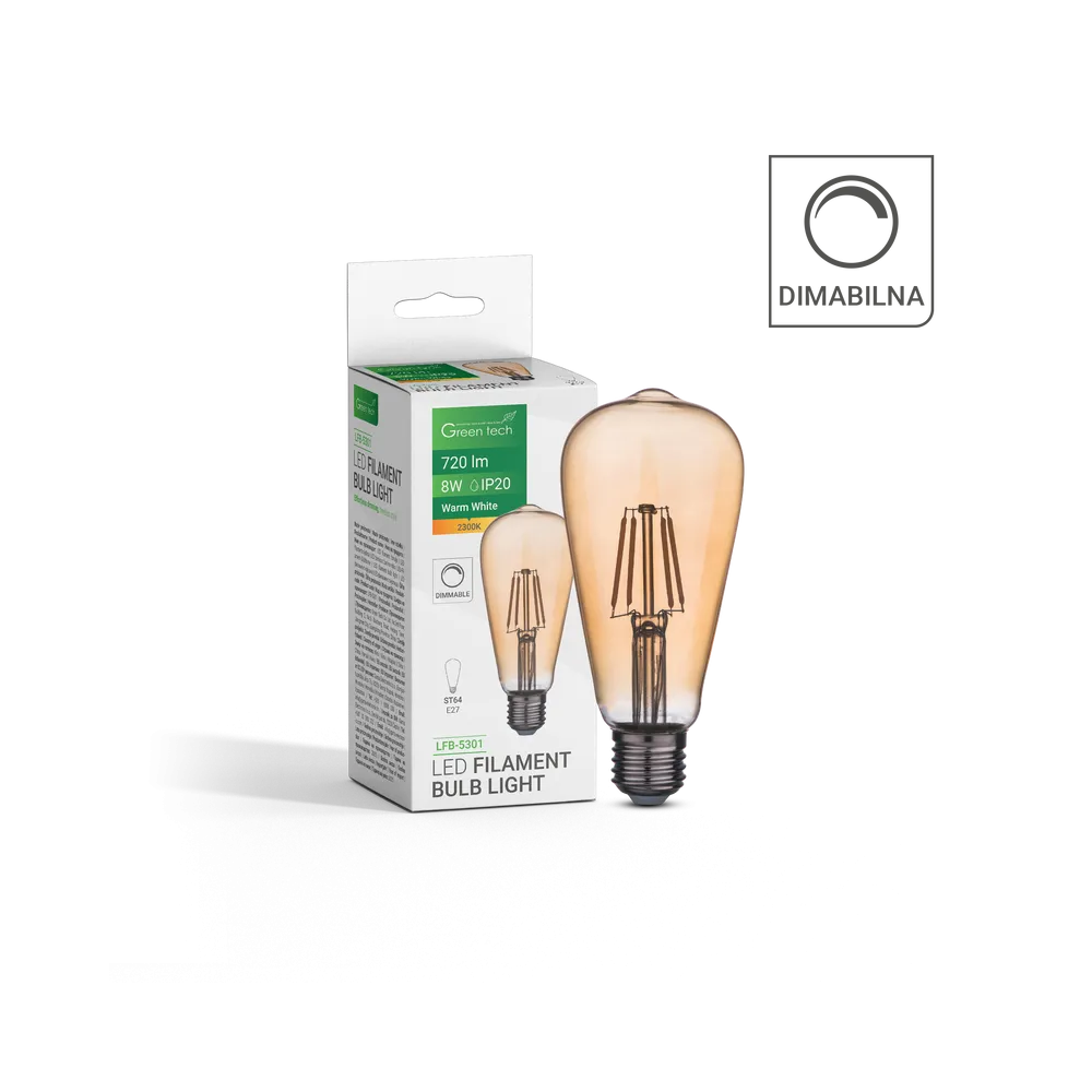GREEN TECH LED filament žarnica Green Tech 8W, 2300K, E27, AC220V, ST64, amber, zatemnljiva - LFB-5301