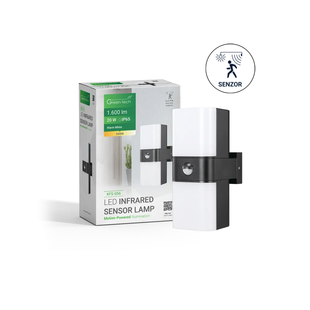 GREEN TECH LED zidna svetilka s senzorjem Green Tech 20W, 3000K, črna barva - KFS-056