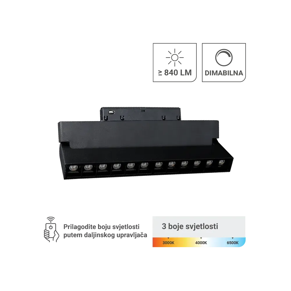 LED magnetna svetilka Green Tech 12W, 3CCT, IP20, OSRAM LED, črna barva