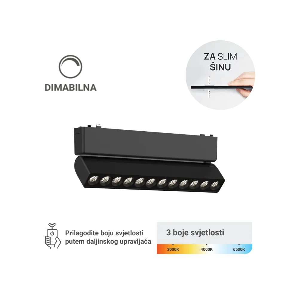 LED magnetna svetilka Green Tech, 12W, 3CCT, LED Osram, Zatemnilna za slim tirnico