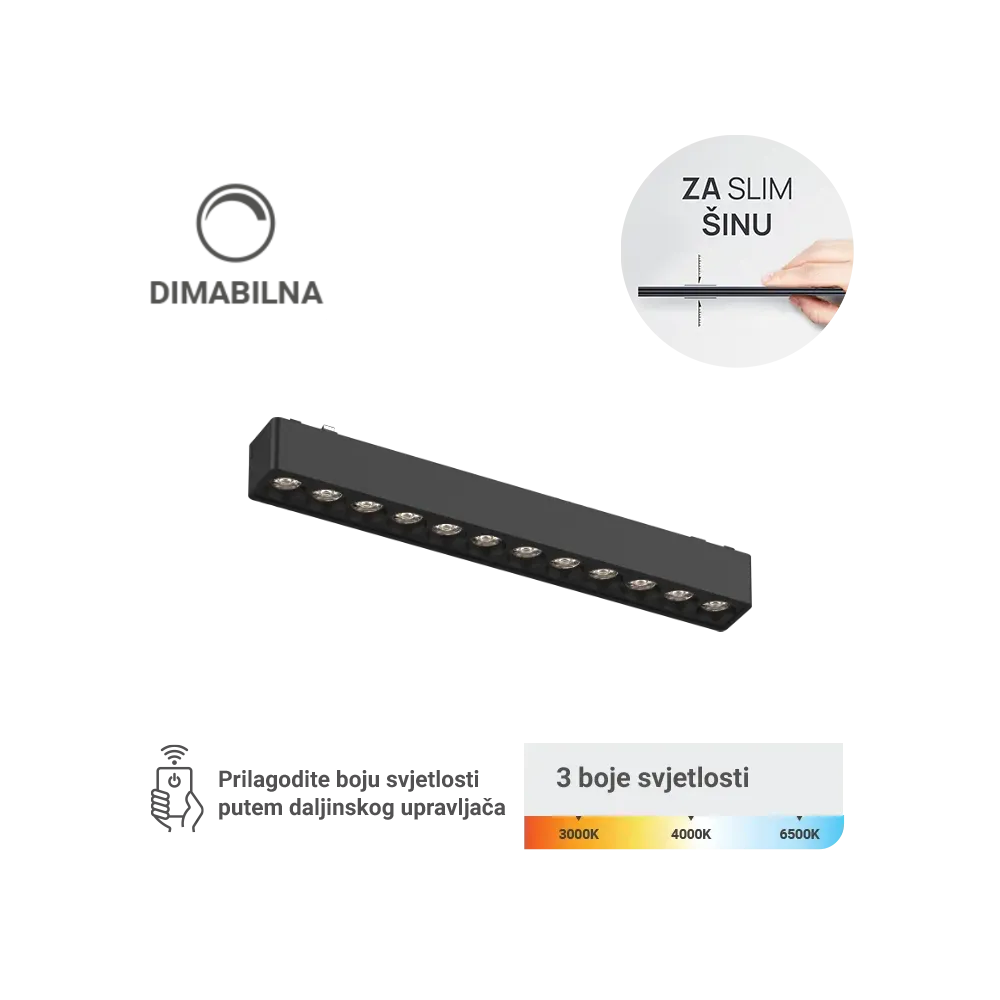 LED magnetna svetilka Green Tech, 12W, 3CCT, LED Osram, zatemnilna za slim tirnico